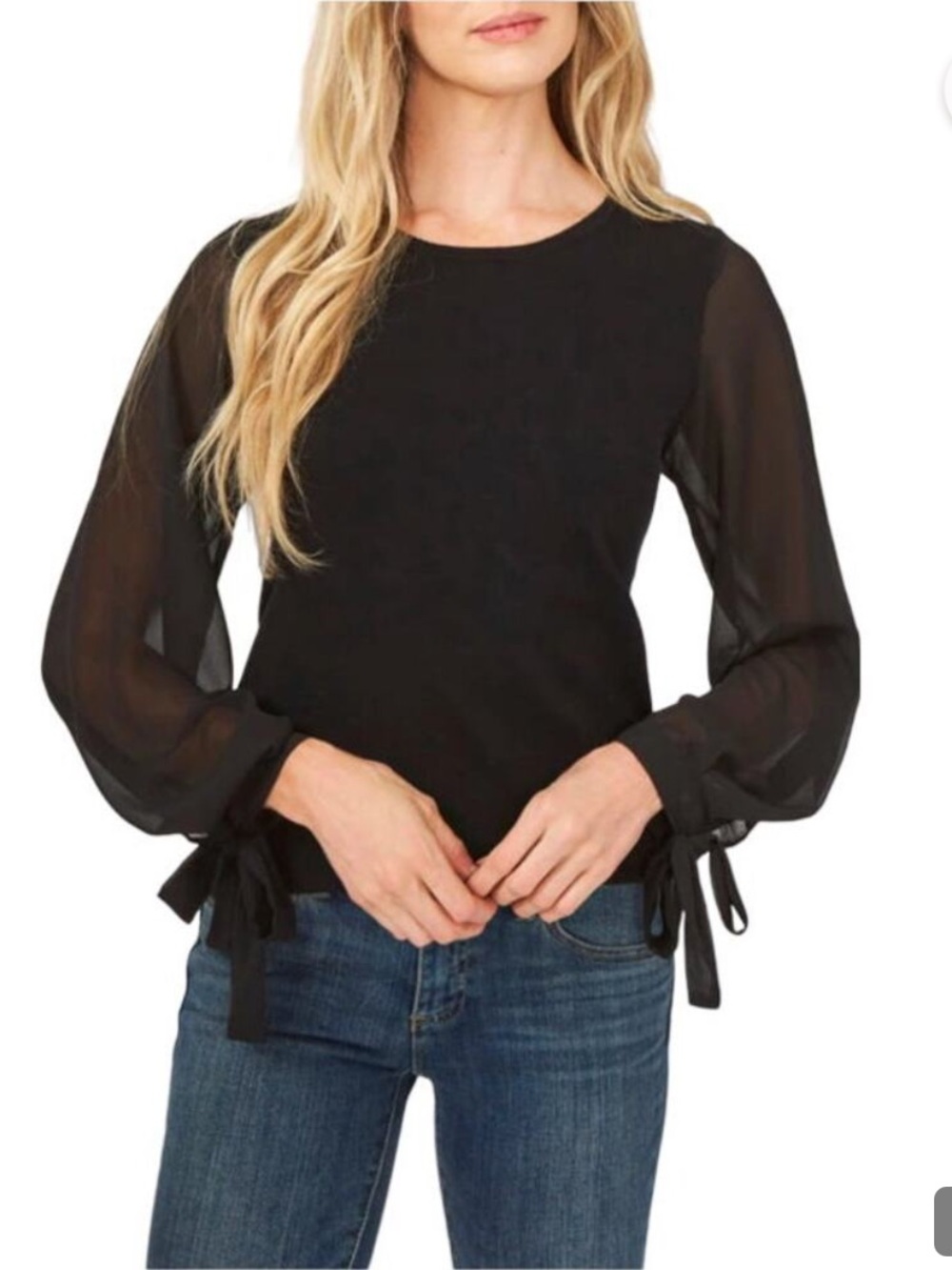 CeCe Women’s Chiffon Pleated Long Sleeve Crewneck Sweater in Black